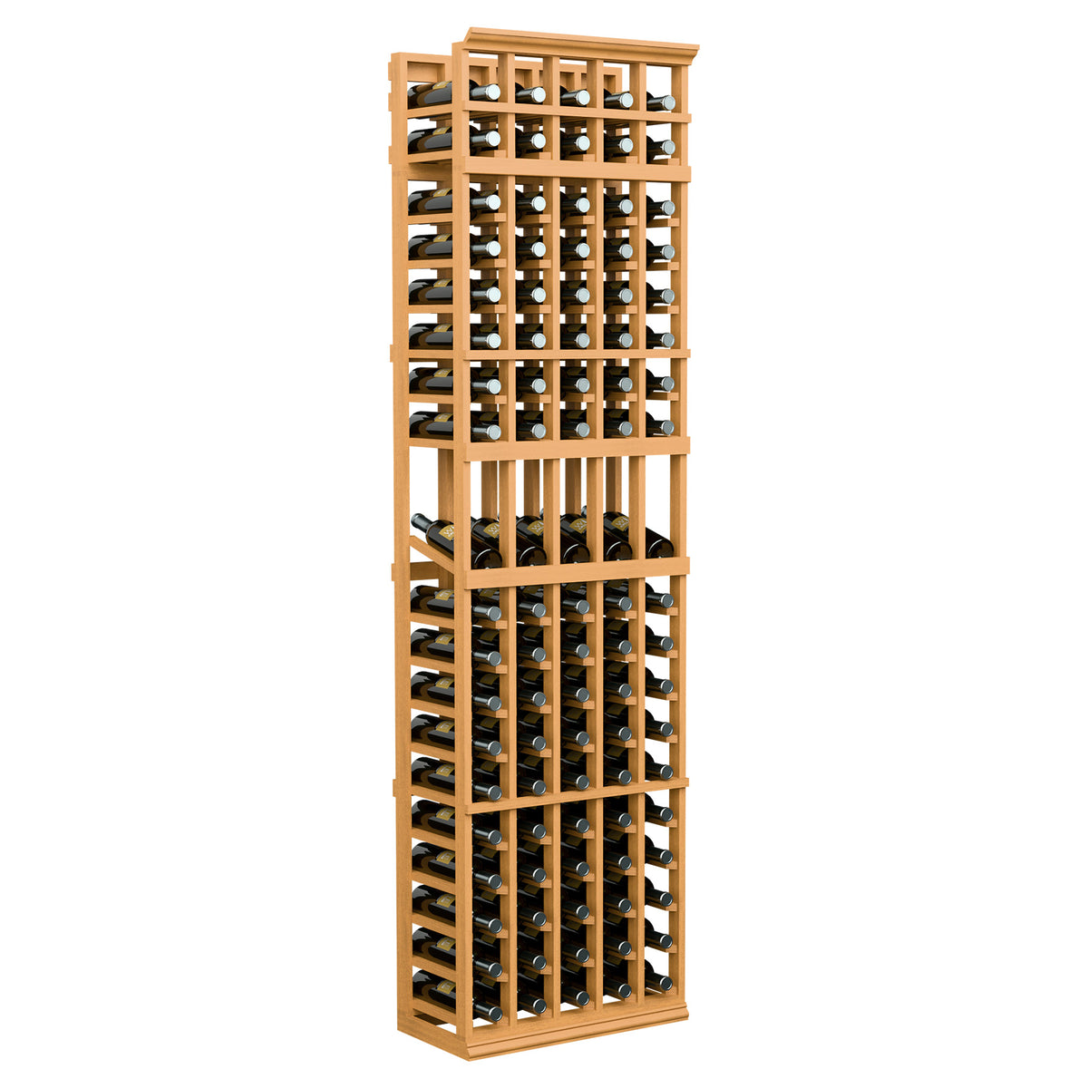 5-column 7ft wine bottle display rack with honey wood frame and black bottle cradles