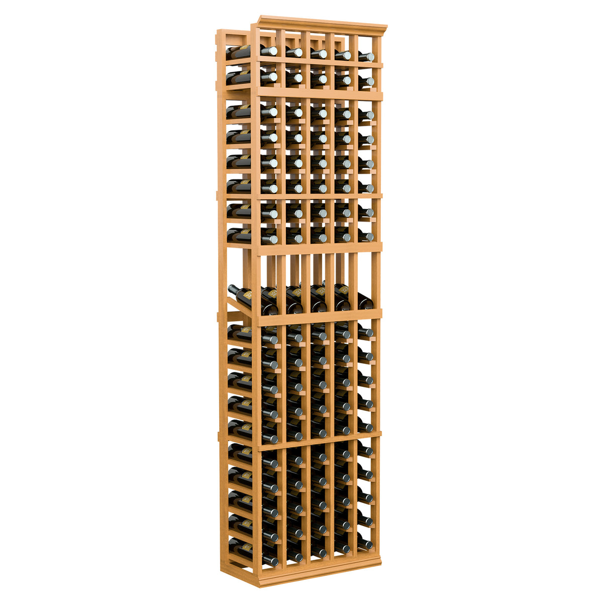 5-column 7ft wine bottle display rack with warm light wood frame and black bottle holders