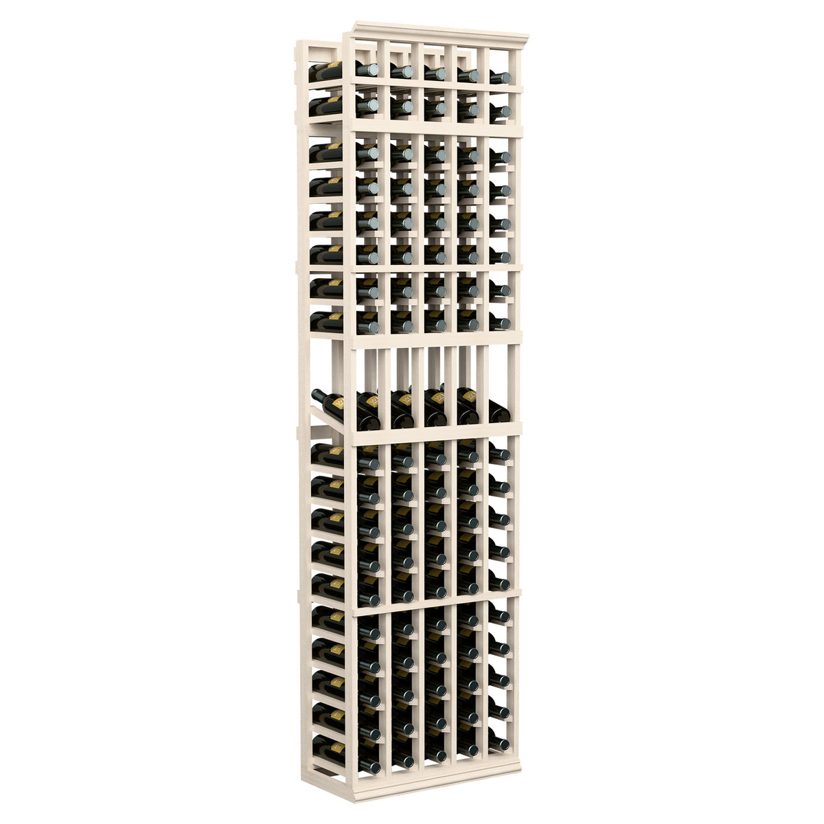 5-column 7ft wine bottle display rack with whitewashed frame and black bottle holders