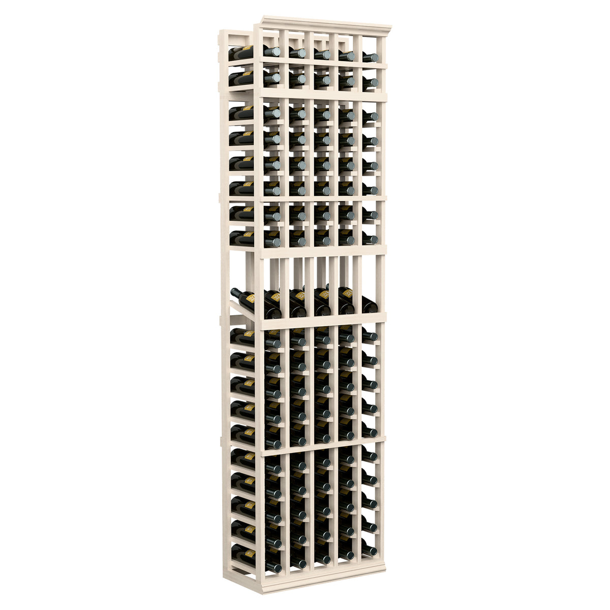 5-column 7ft wine bottle display rack with pale white frame and black bottle cradles