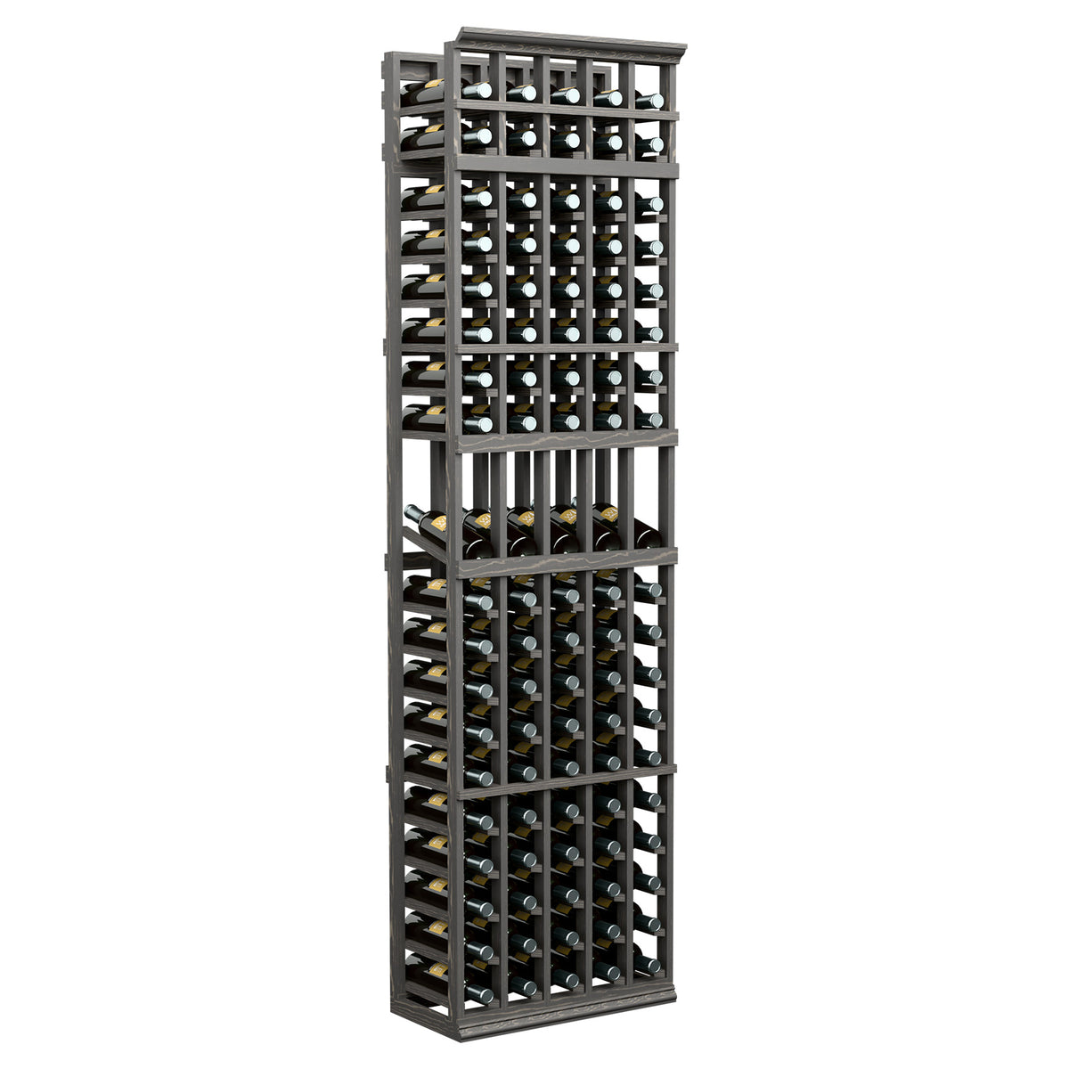 Black 5-column wine bottle rack, tall slatted design with bottle slots.