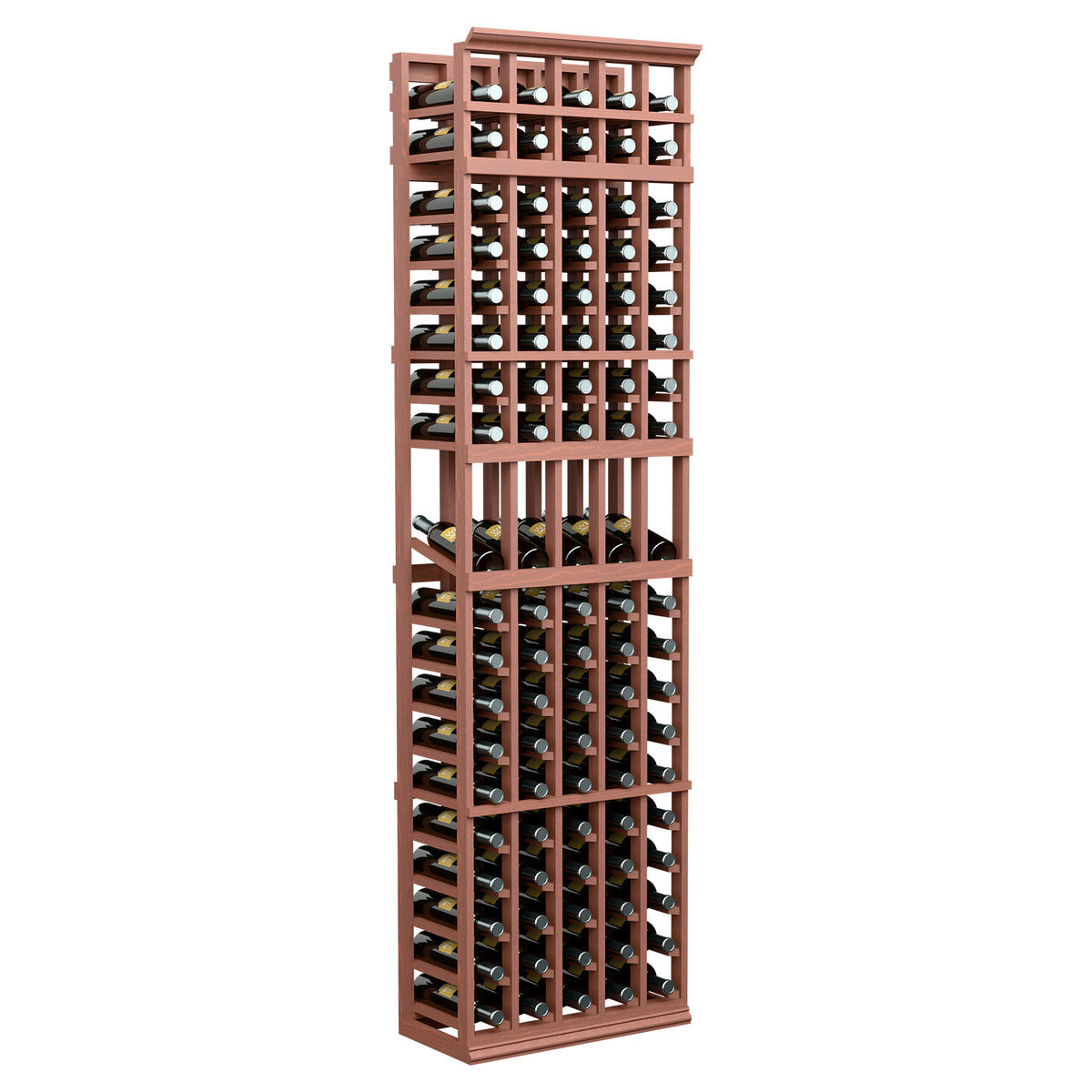 Red-brown 5-column wine bottle rack, tall slatted design with bottle slots.