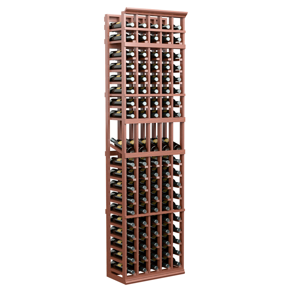 Red-brown 5-column wine bottle rack, tall slatted design with bottle slots.