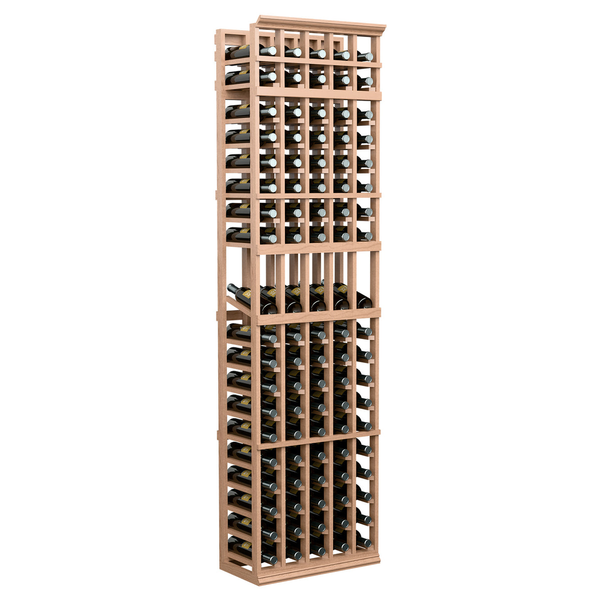 Light red wood 5-column wine bottle rack, tall slatted design with bottle slots.