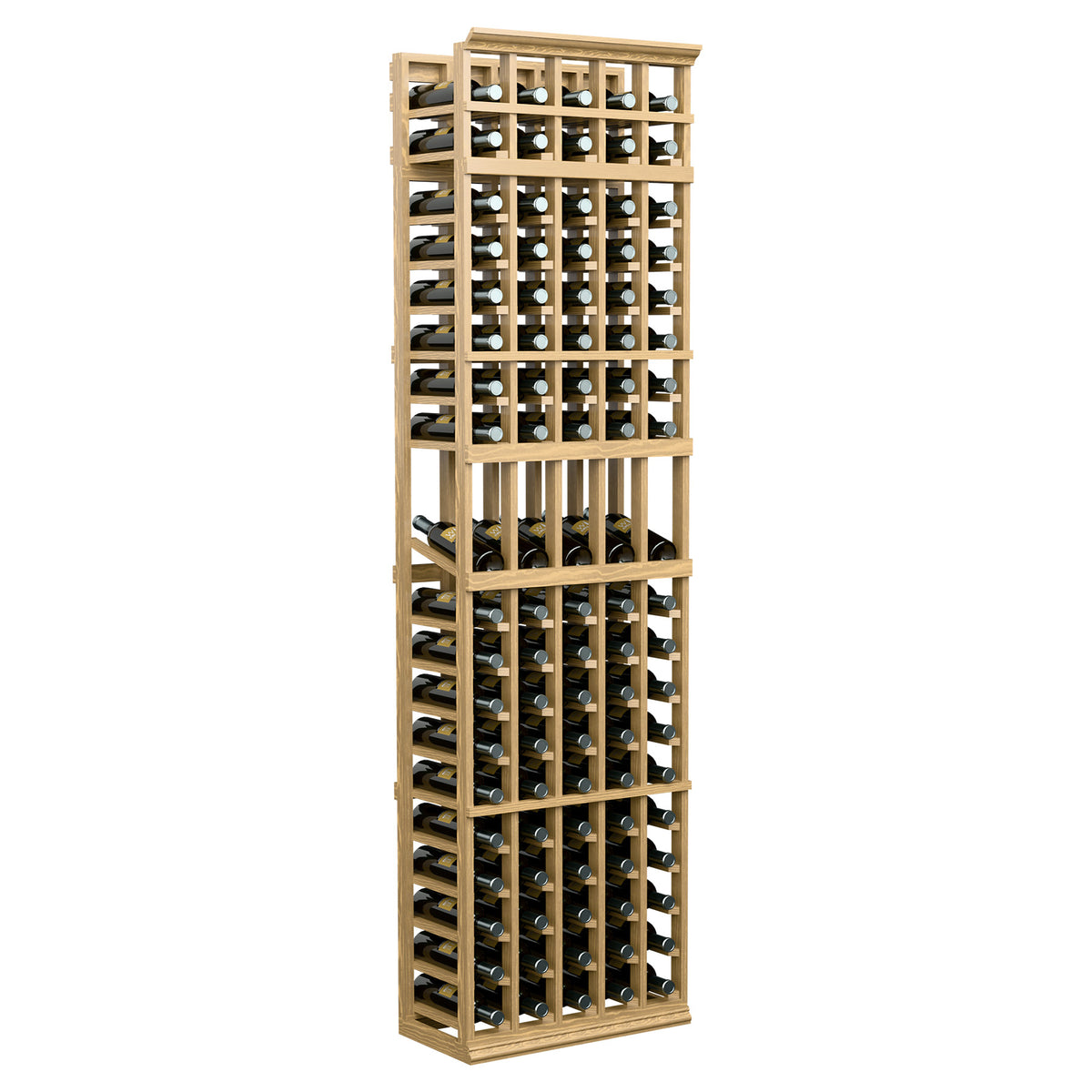 Light wood 5-column wine bottle rack, tall slatted design with bottle slots.