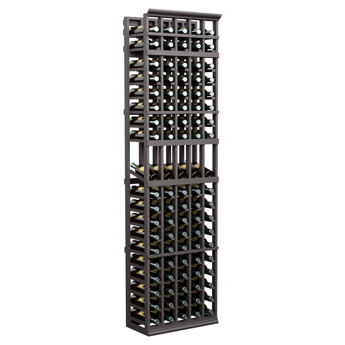 Black 5-column wine bottle rack, tall slatted design with bottle slots.