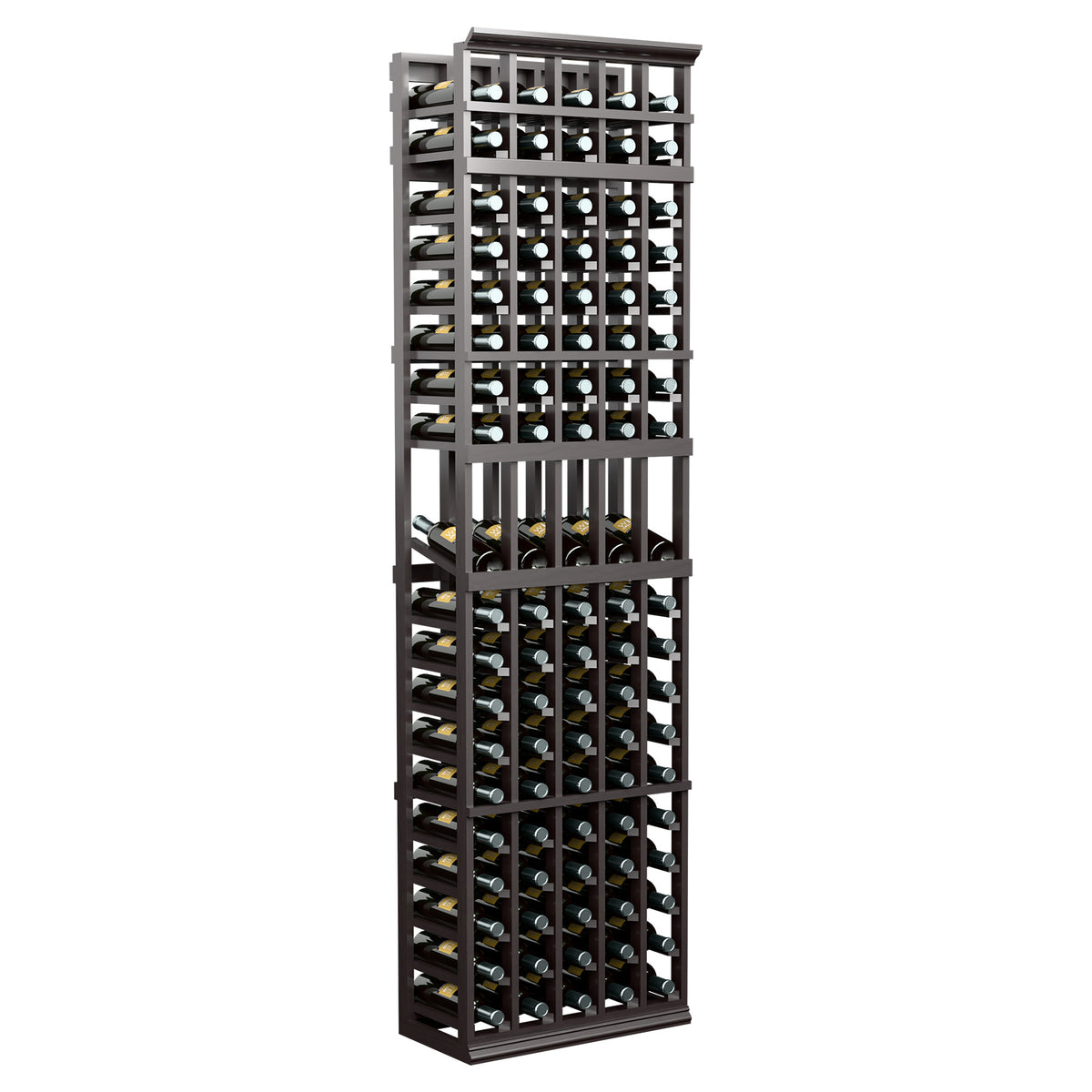 Black 5-column wine bottle rack, tall slatted design with bottle slots.