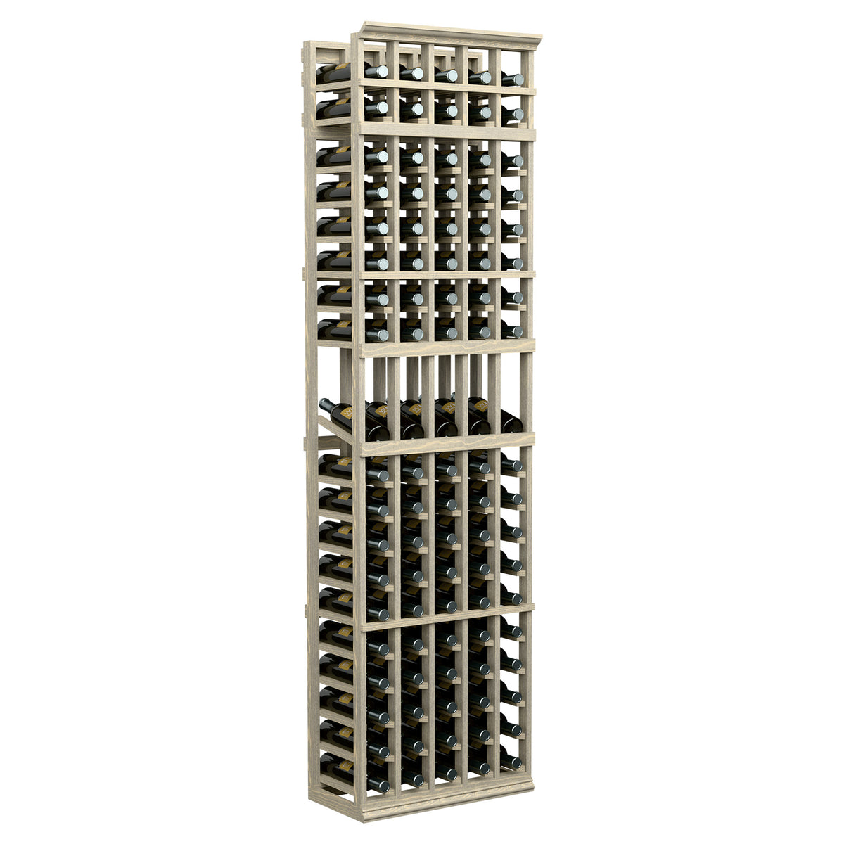 5-column wine bottle display rack, light wood frame with vertical bottle slots