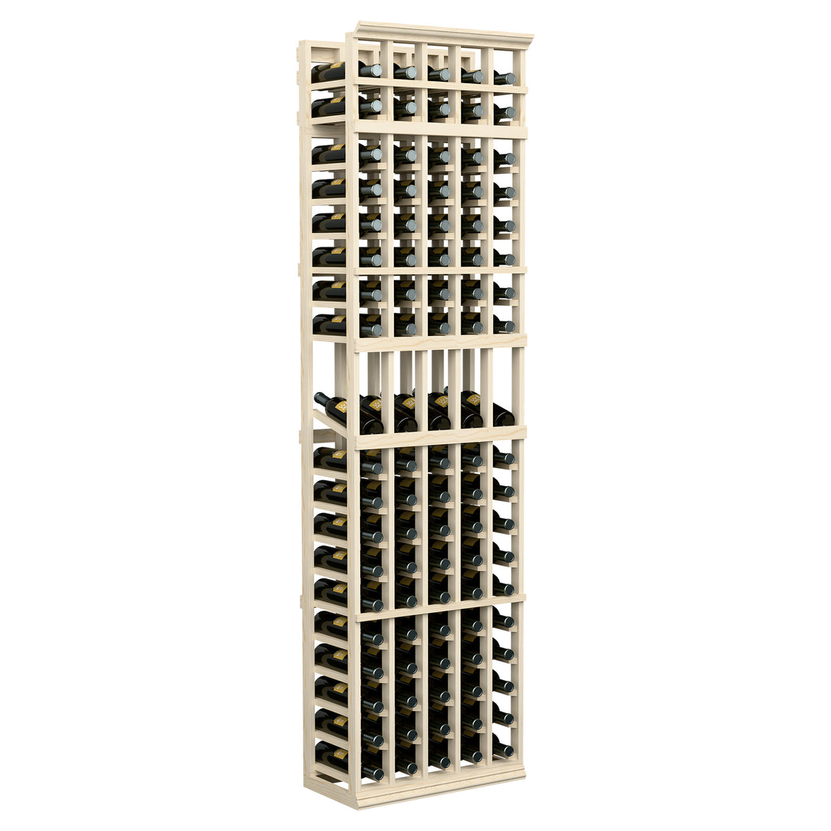 5-column wine bottle display rack, light wood with two rows of staggered bottle supports