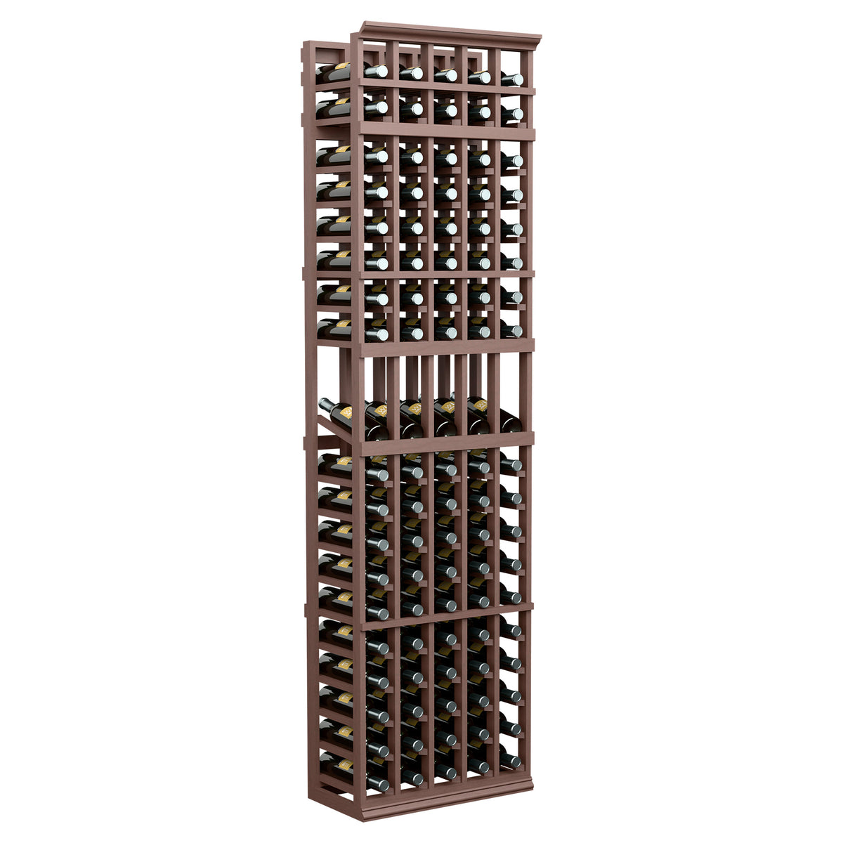 5-column wine bottle display rack, dark wood frame with front bottle storage grid