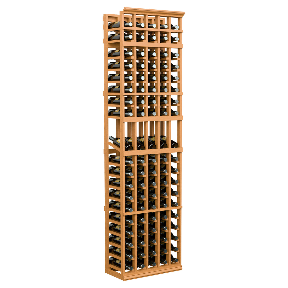 5-column wine bottle display rack, natural wood frame with vertical bottle slots