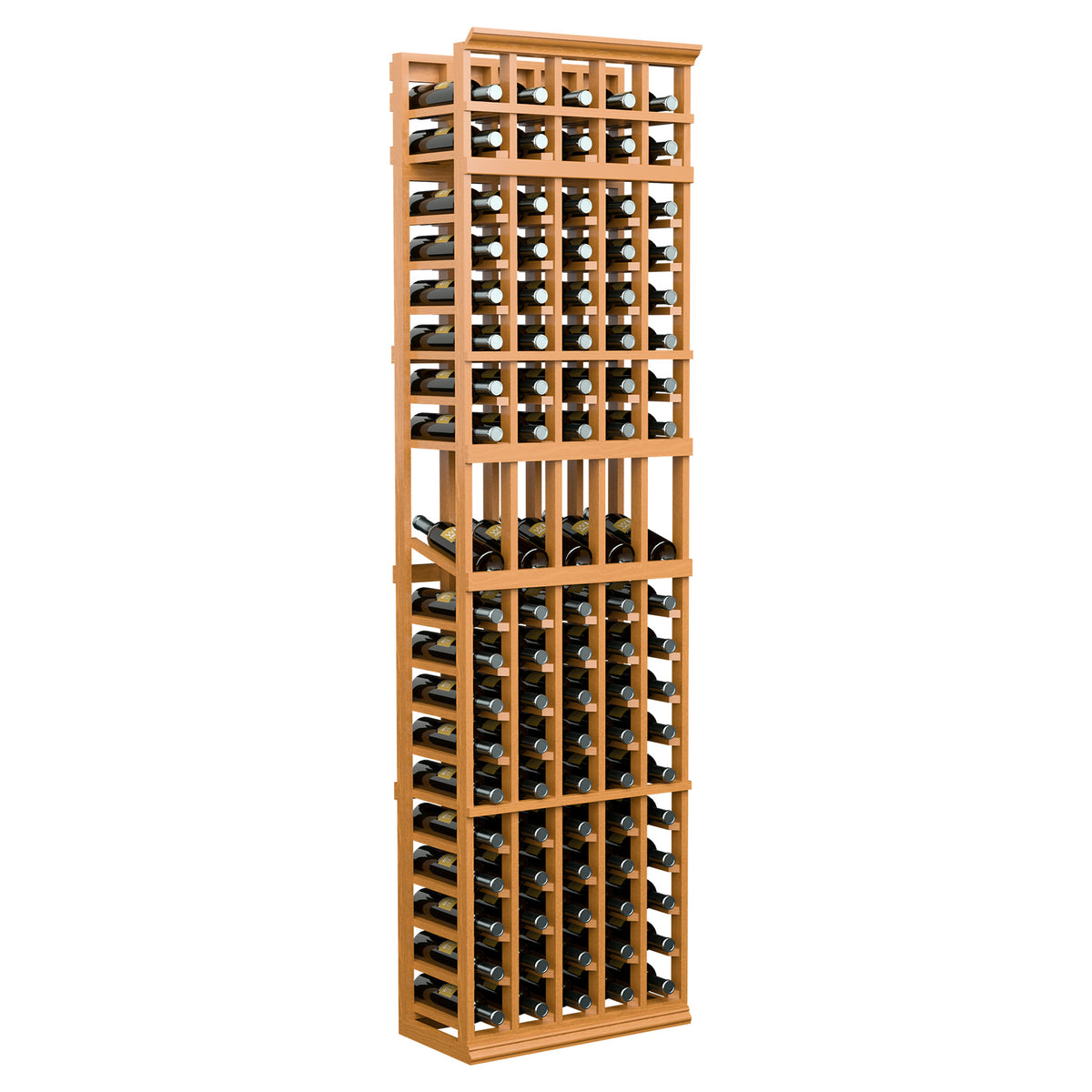 5-column wine bottle display rack, warm wood tone with front grid for bottles