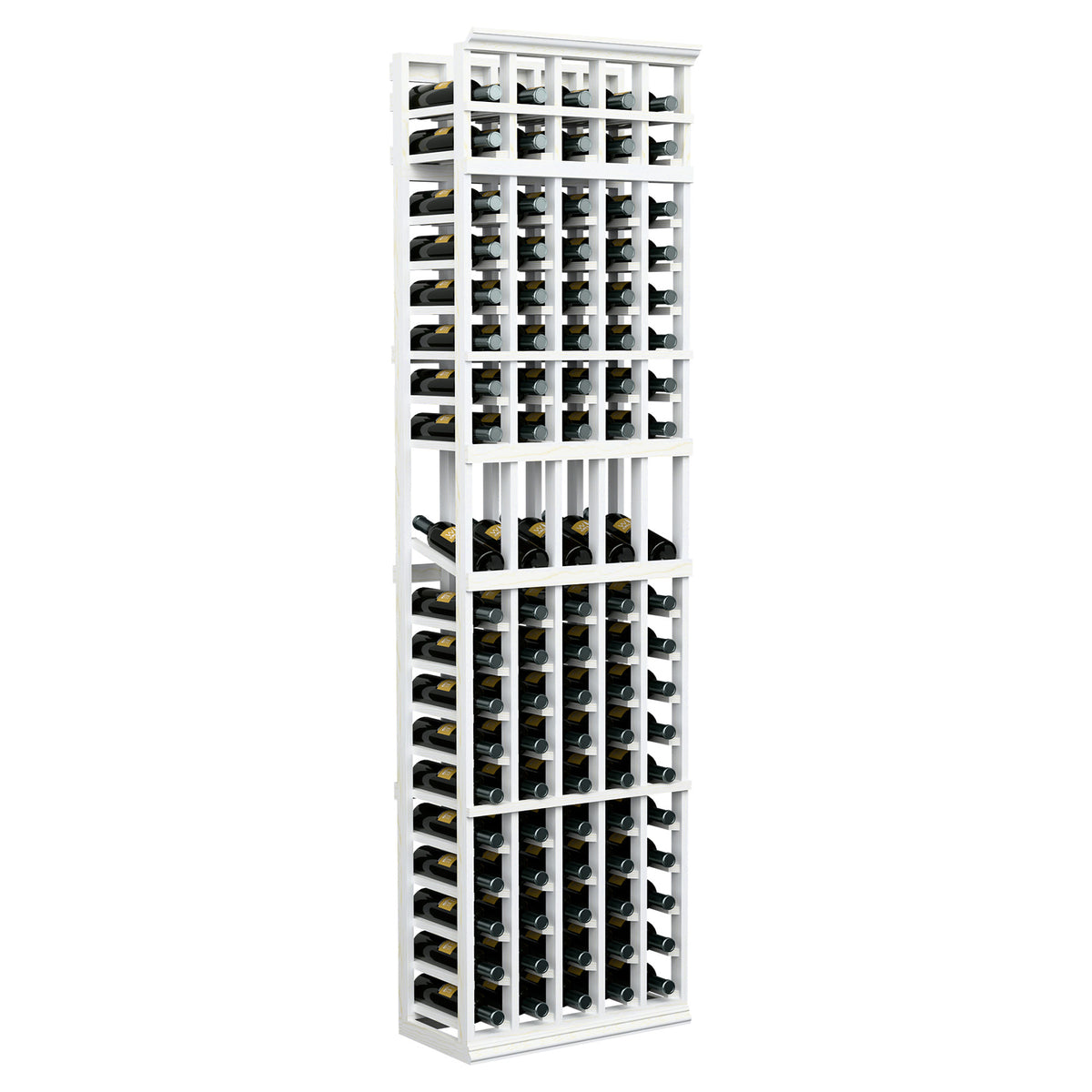 5-column wine bottle display rack, white-finished frame with bottle storage cubbies