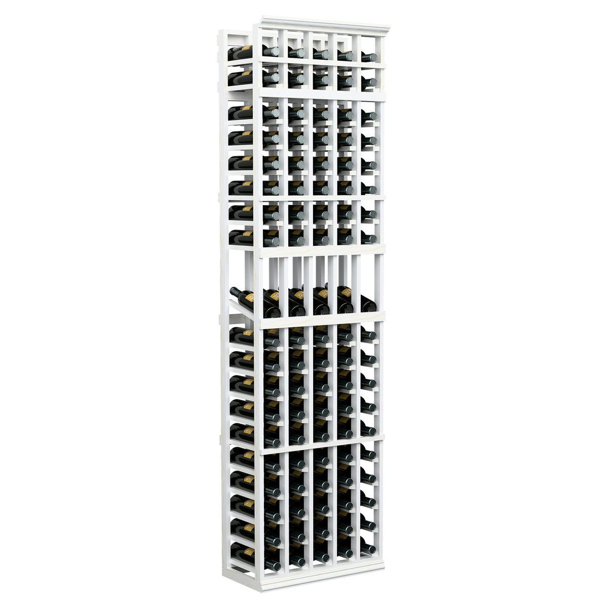 5-column wine bottle display rack, front view of white frame with rows of bottle slots