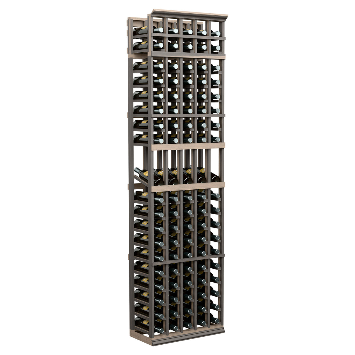7-ft wine bottle display rack with 5 columns, dark frame and bottle holders