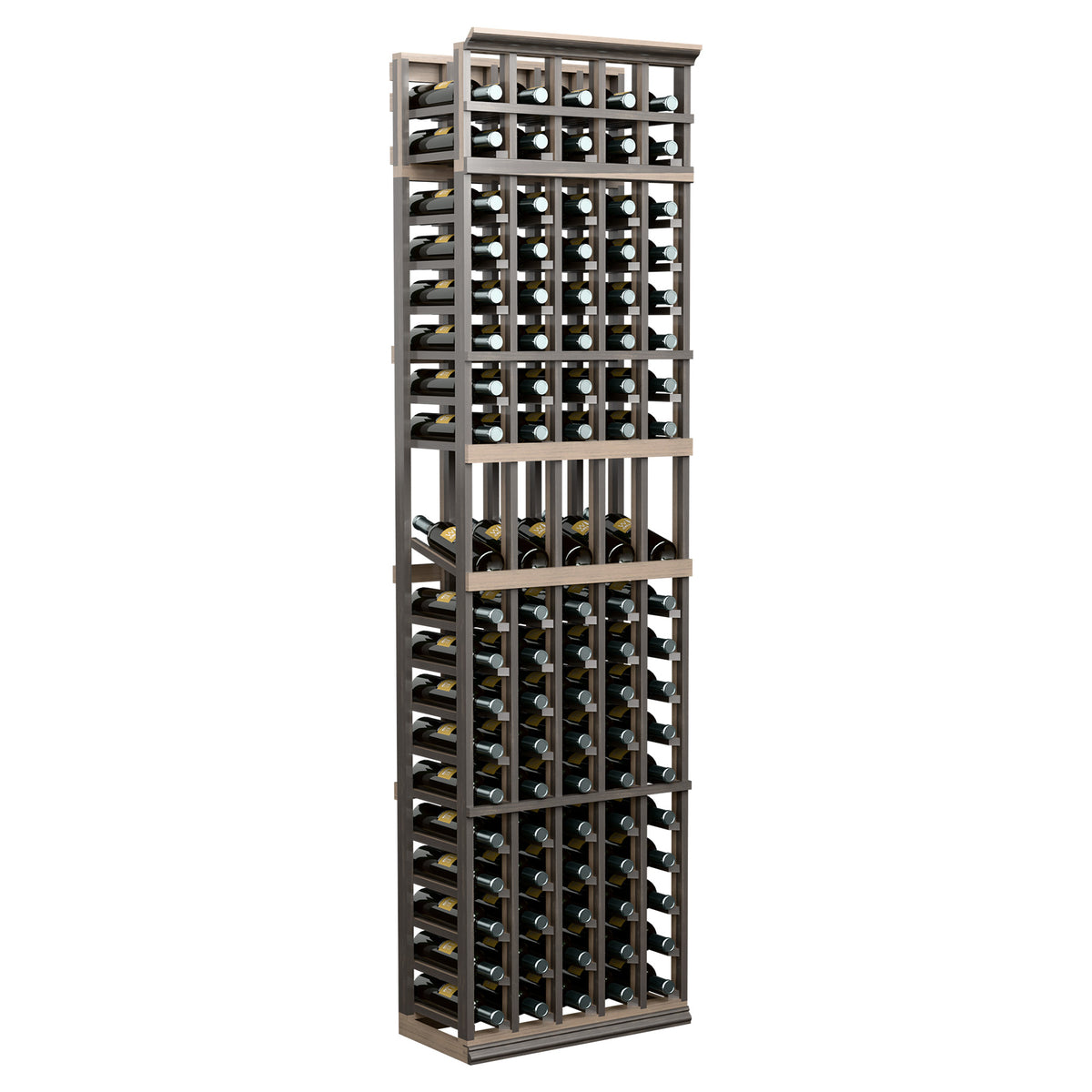 7-ft wine bottle display rack with 5 columns, dark frame, open bottle slots