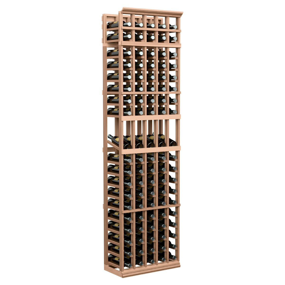 7-ft wine bottle display rack with 5 columns, light wood frame and bottle slots