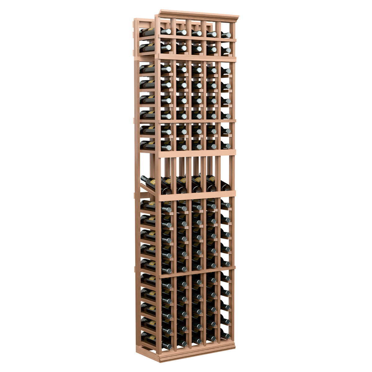 7-ft wine bottle display rack with 5 columns, light wood frame, stacked bottle rows