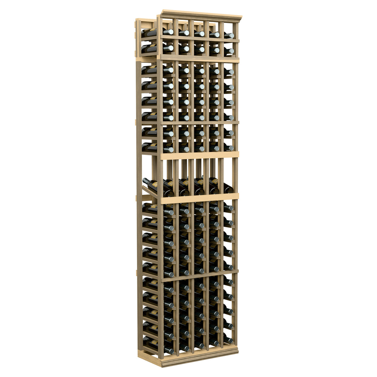 7-ft wine bottle display rack with 5 columns, pale wood frame and bottle holders