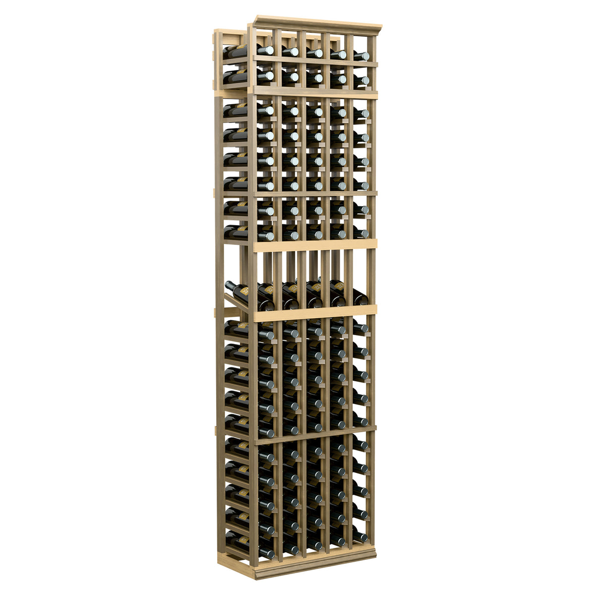 7-ft wine bottle display rack with 5 columns, pale wood frame, open front slots