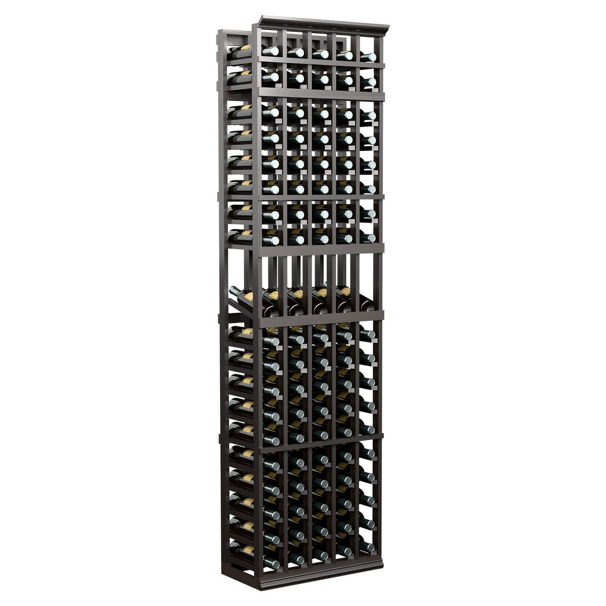 7-ft wine bottle display rack with 5 columns, dark frame, grid-style bottle storage