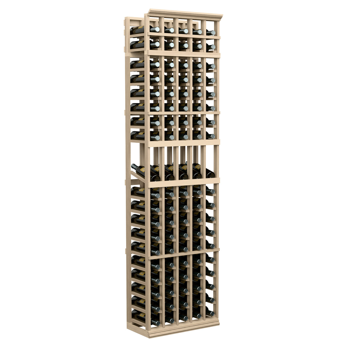 Wine bottle display rack in light wood, 5-column design with open bottle slots