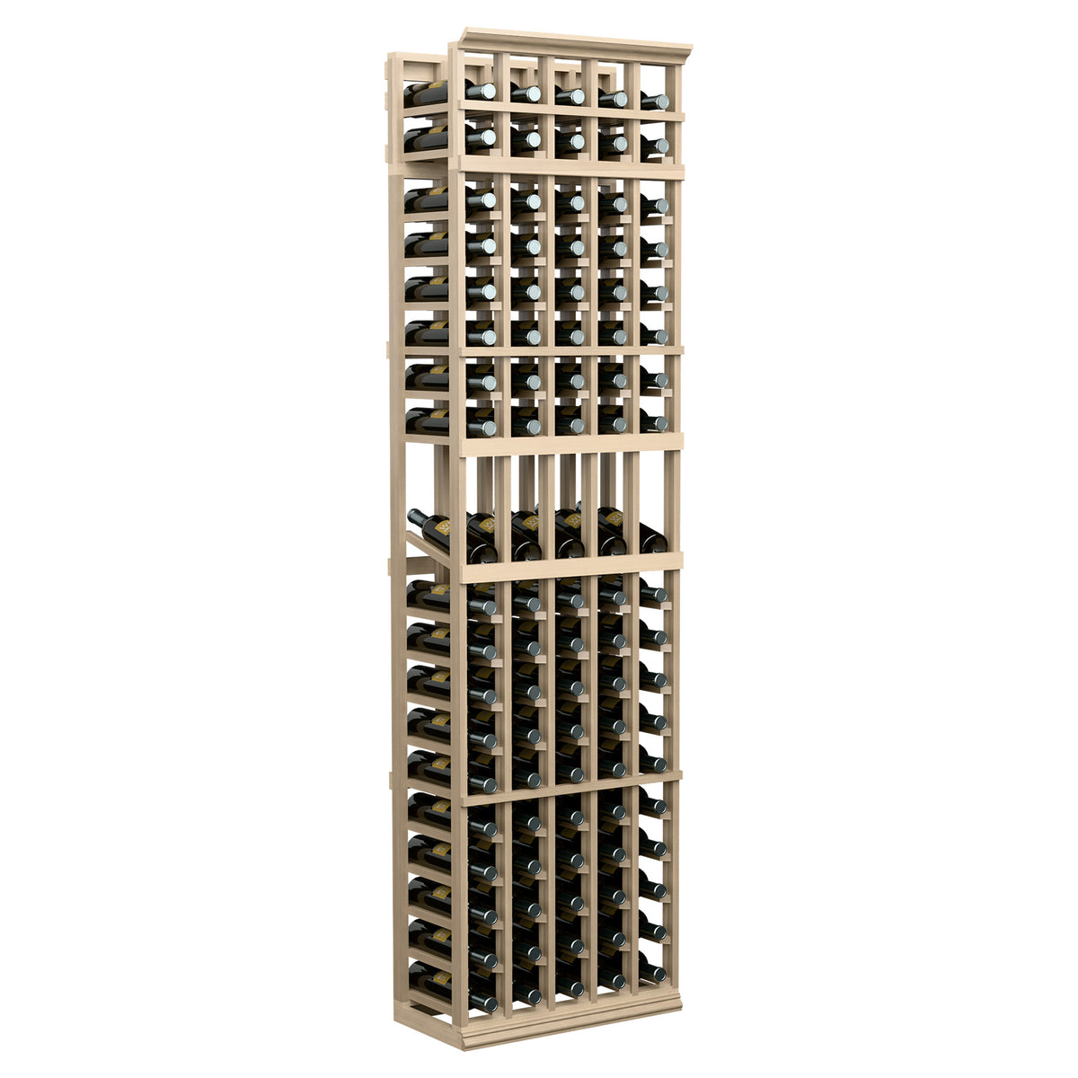 Wine bottle display rack in light wood with 5 columns of open bottle storage