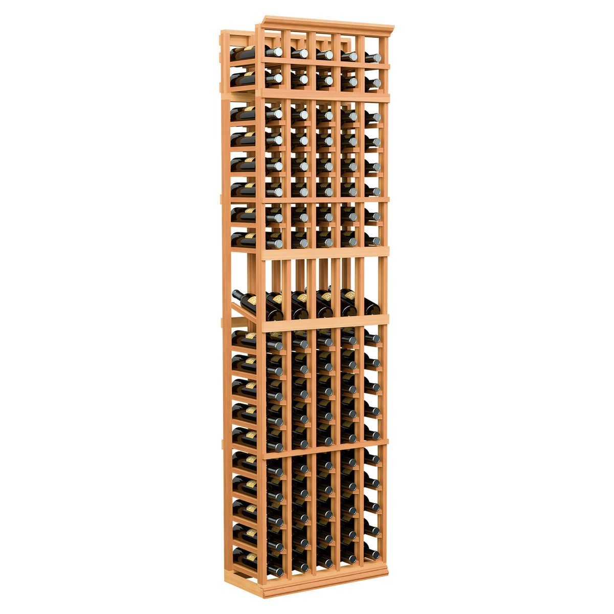 Wine bottle display rack in warm red wood, 5-column design with bottle slots
