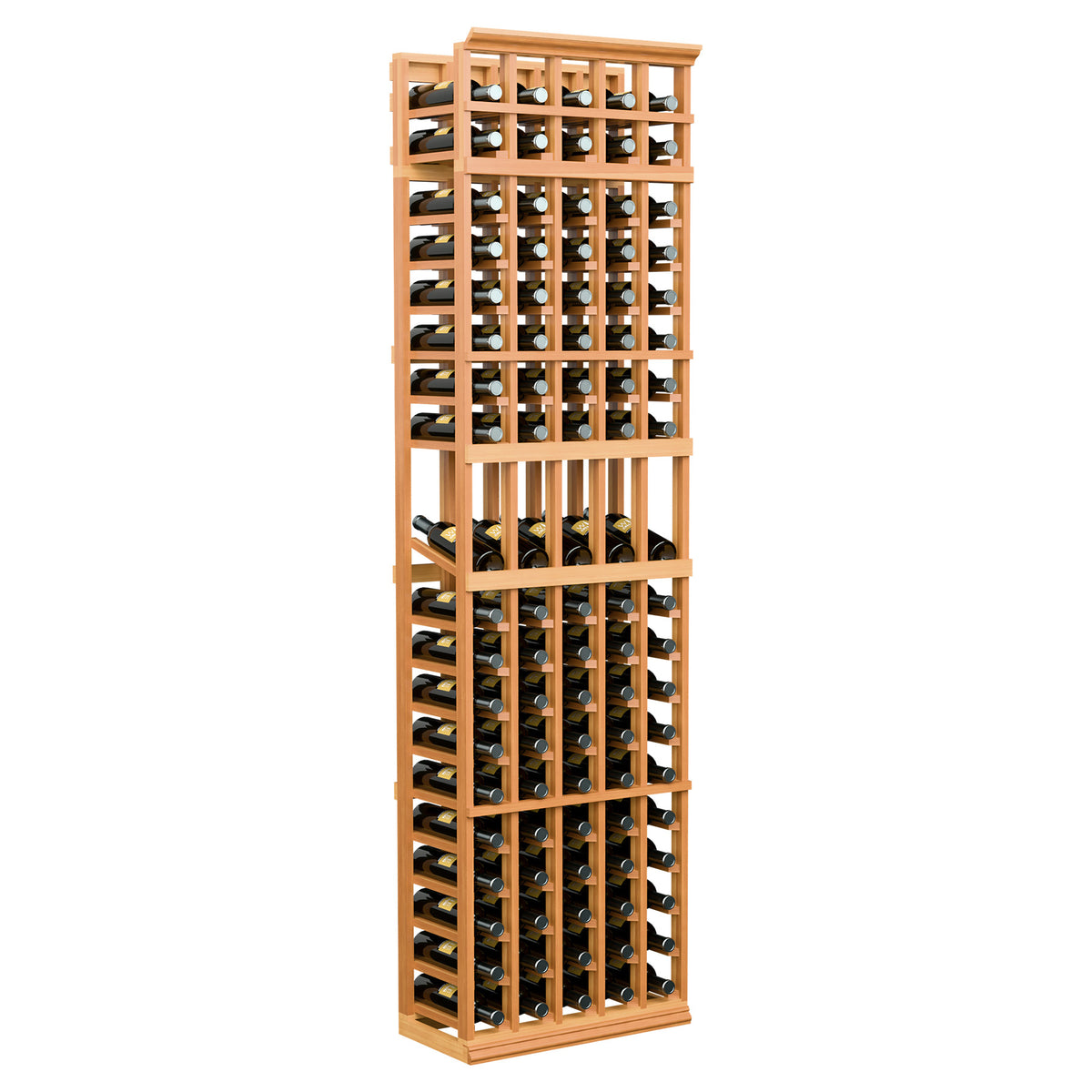Wine bottle display rack in warm red wood, front view with 5 columns of slots