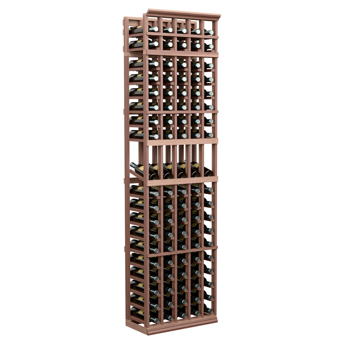 Wine bottle display rack in dark wood, 5-column design with open bottle compartments