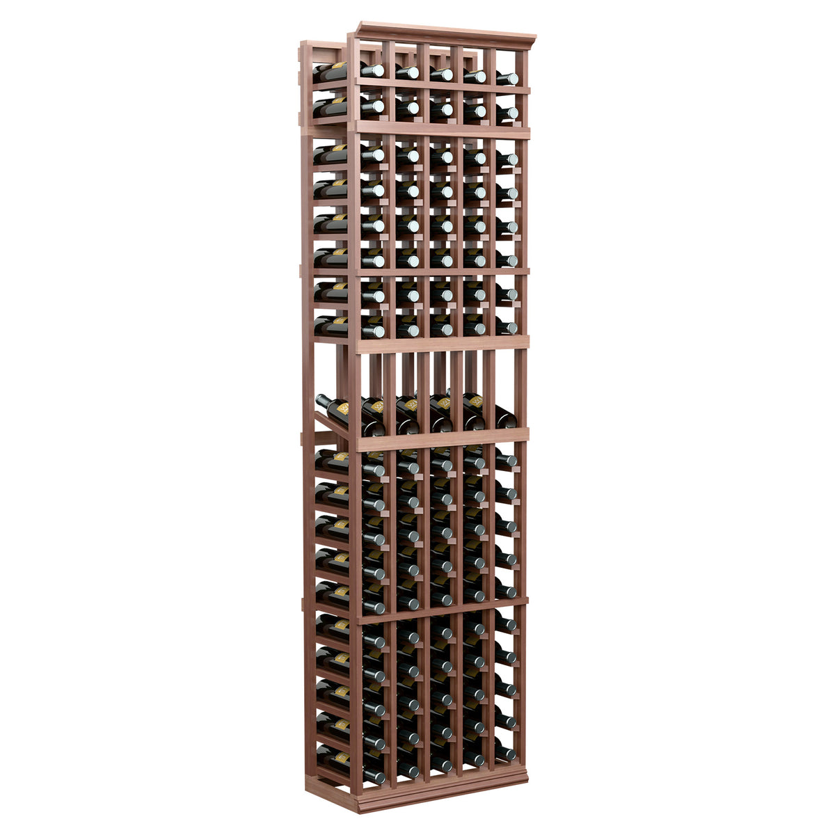 Wine bottle display rack in dark wood with 5 columns of open bottle storage