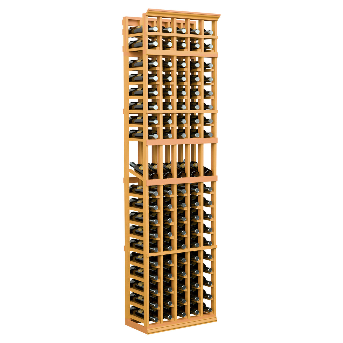 Wine bottle display rack in honey-colored wood, 5-column design with bottle slots