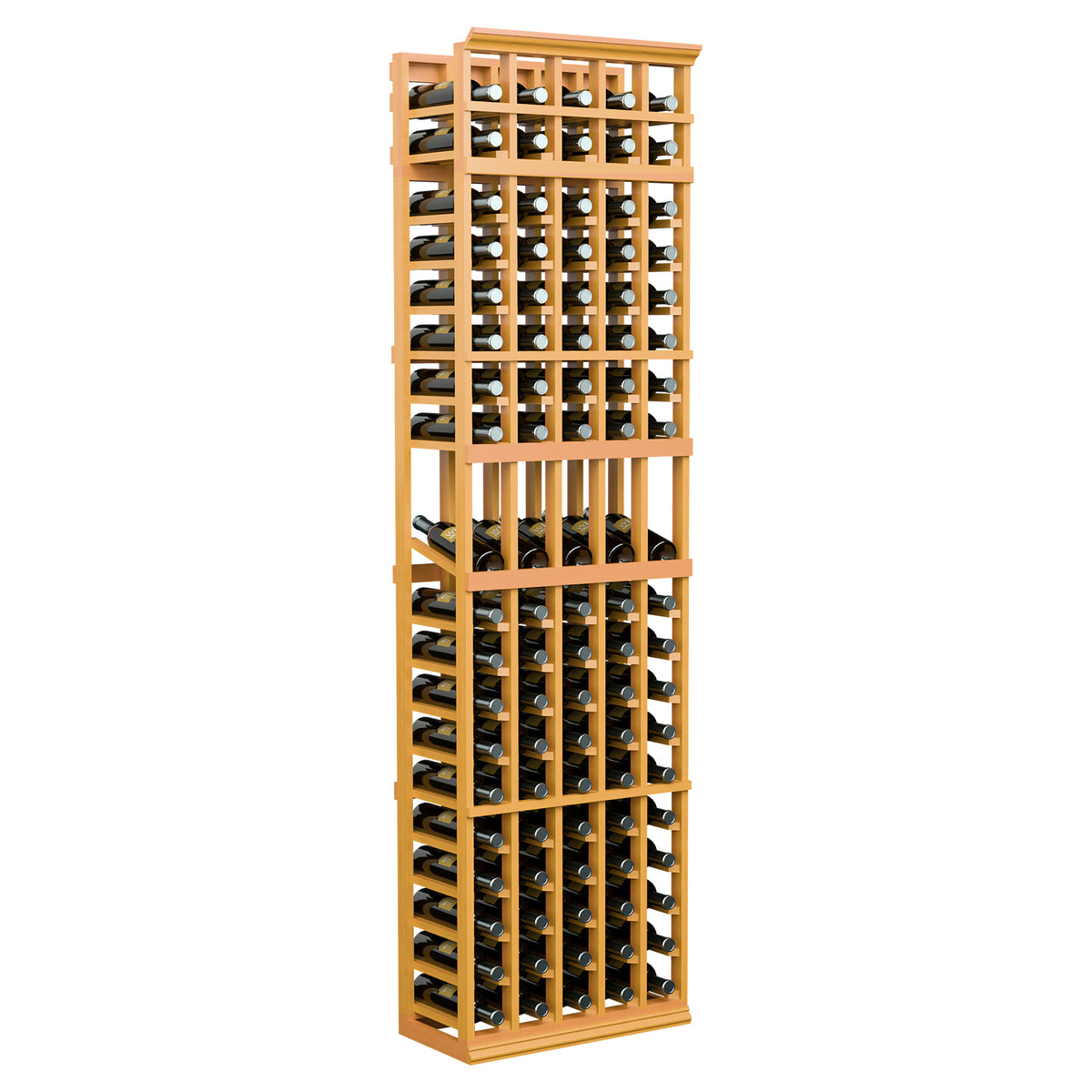 Wine bottle display rack in honey-colored wood, front view with 5 columns of slots