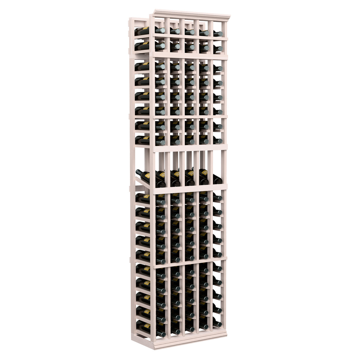 Wine bottle display rack in light gray wood, 5-column design with open bottle slots