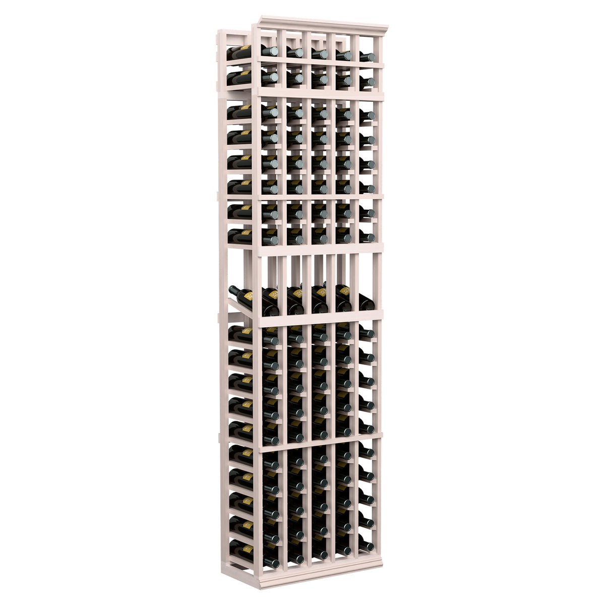 Wine bottle display rack in light gray wood with 5 columns of open bottle storage