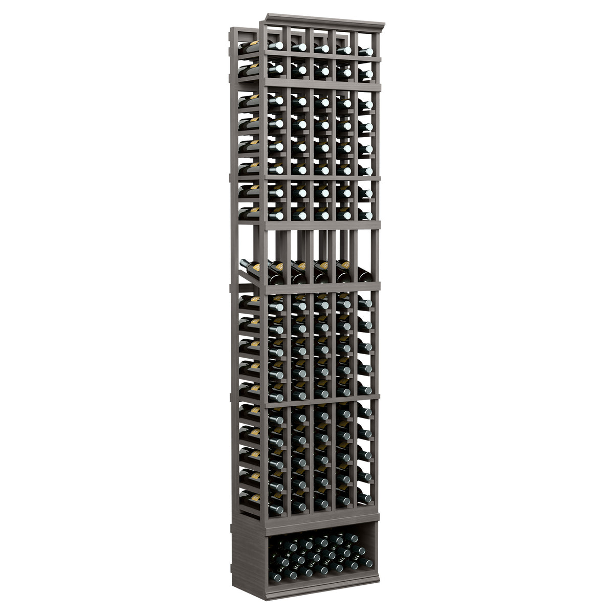 Tall dark wood wine bottle display rack with metal bottle slots and bottom row
