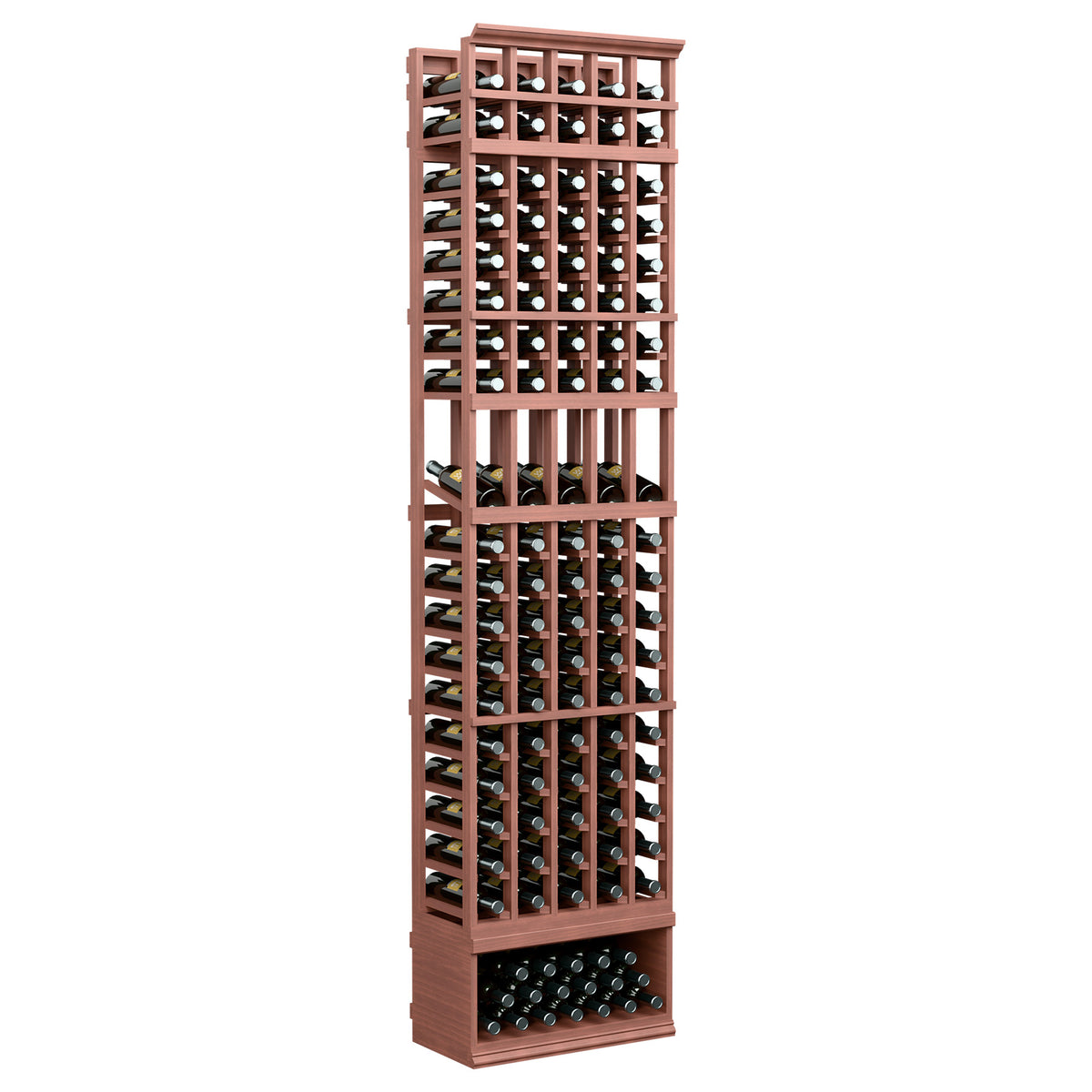 Tall reddish wood wine bottle display rack with metal bottle slots and bottom row