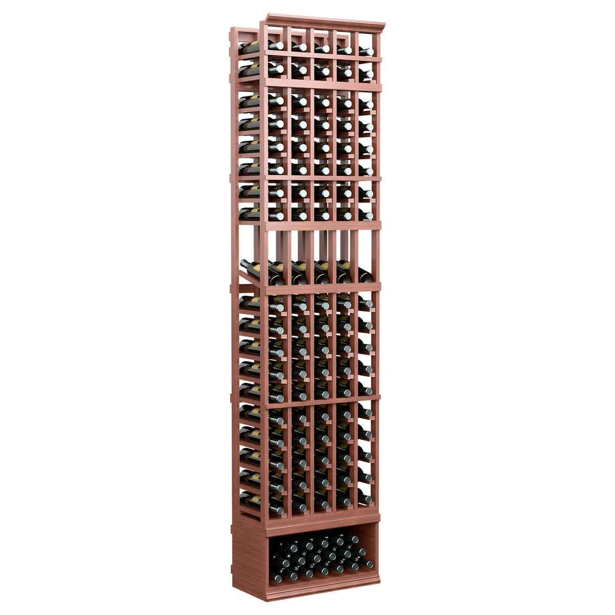 Tall red-brown wine bottle display rack with metal grid slots and lower bottle tray