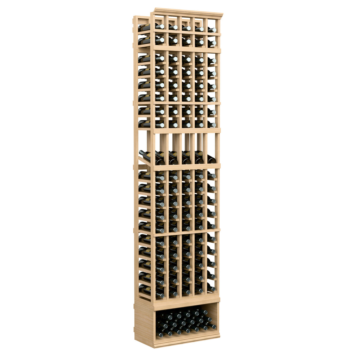 Tall light wood wine bottle display rack with metal bottle slots and bottom row