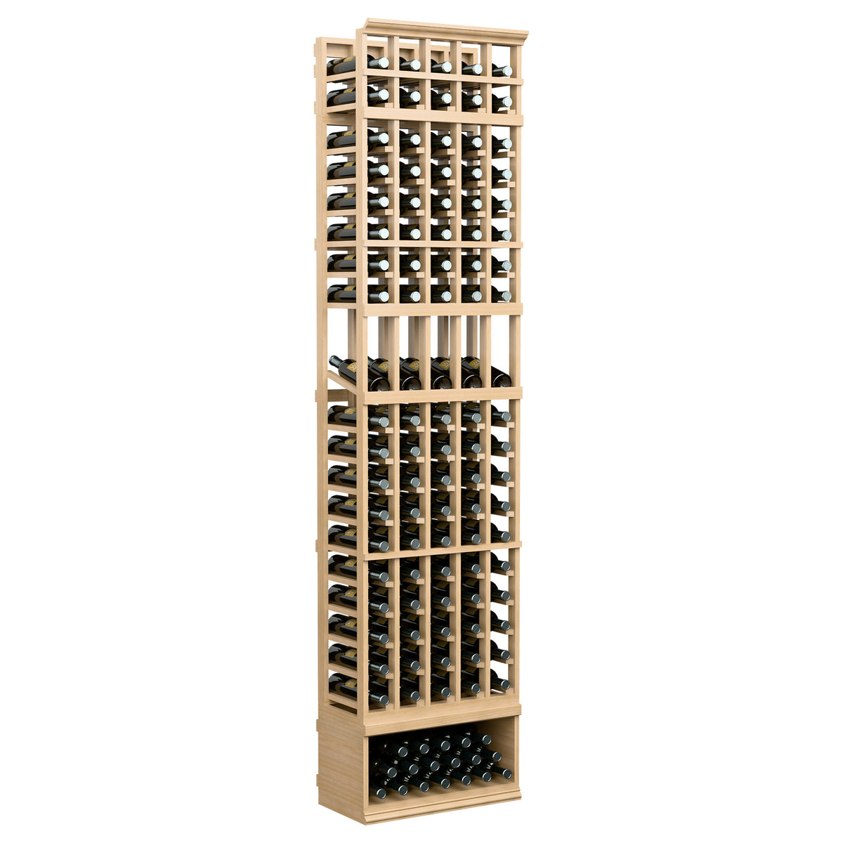 Tall pale wood wine bottle display rack with metal grid slots and stacked bottle rows