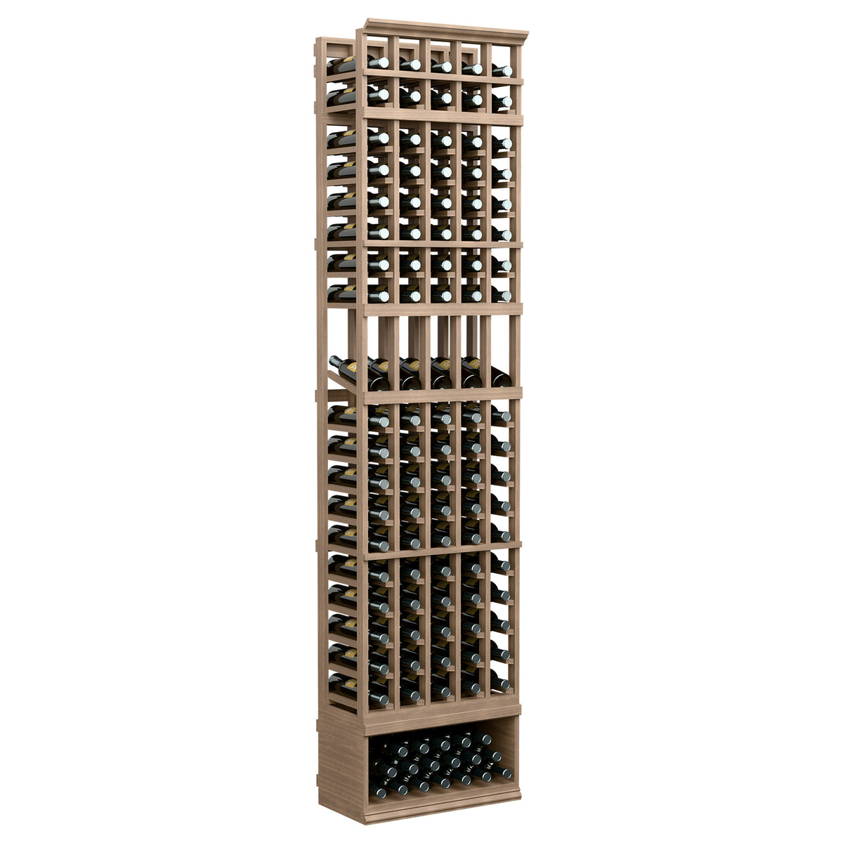 Tall light brown wine bottle display rack with metal bottle slots and bottom tray