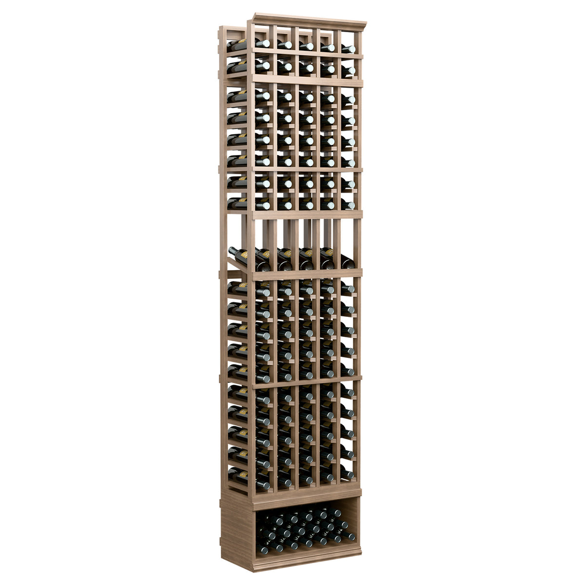 Tall medium brown wine bottle display rack with metal grid slots and bottom row