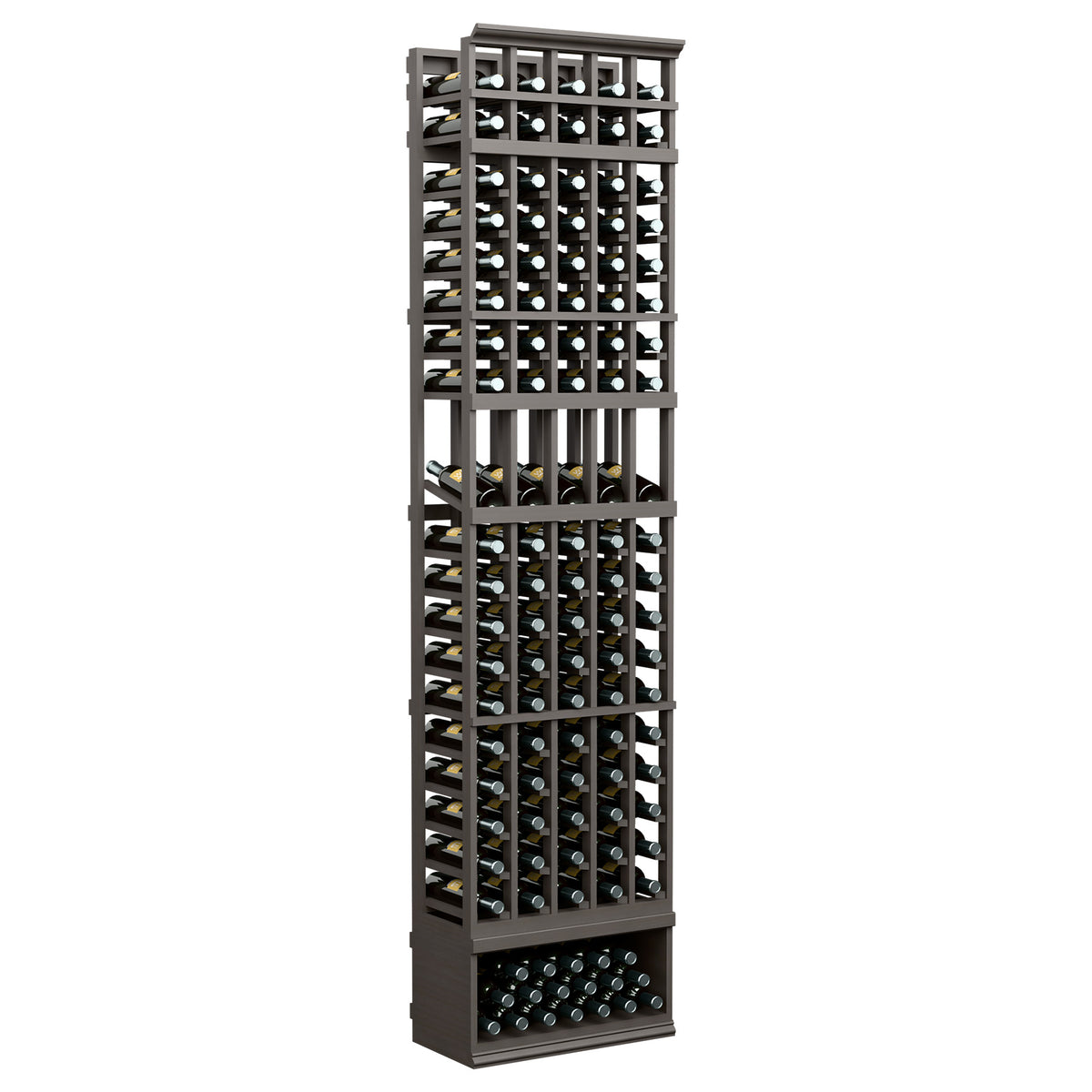 Tall dark gray wine bottle display rack with metal bottle slots and lower bottle tray