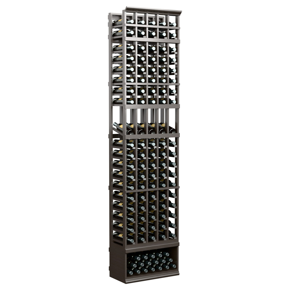 Tall dark wood wine bottle display rack with metal grid slots and tiered bottle rows