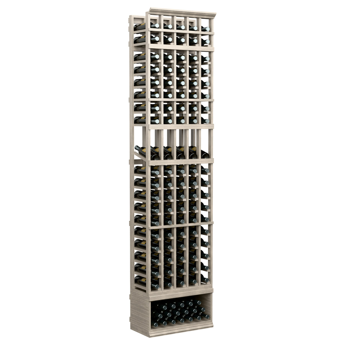 5-column wine bottle display rack, 8 ft, dark slats and light gray base