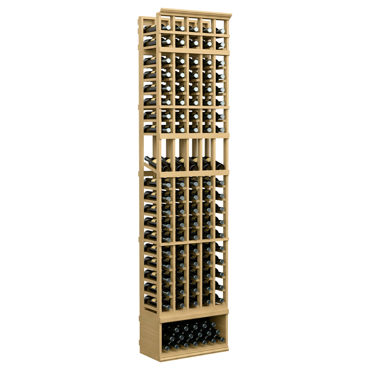5-column wine bottle display rack, 8 ft, natural wood frame with light interior