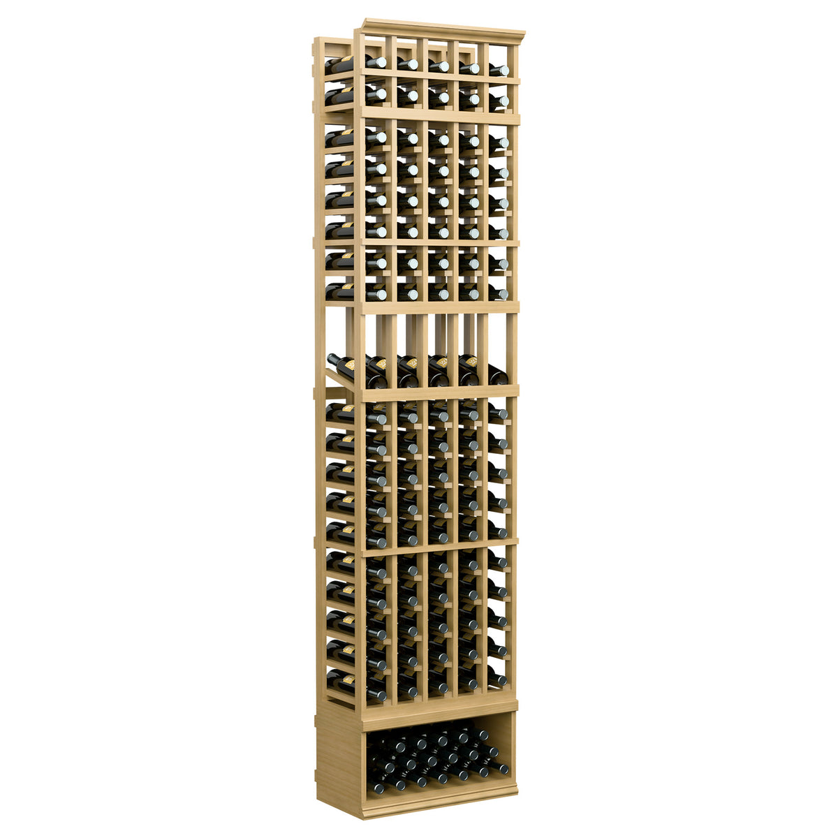 5-column wine bottle display rack, 8 ft, natural wood slats and base