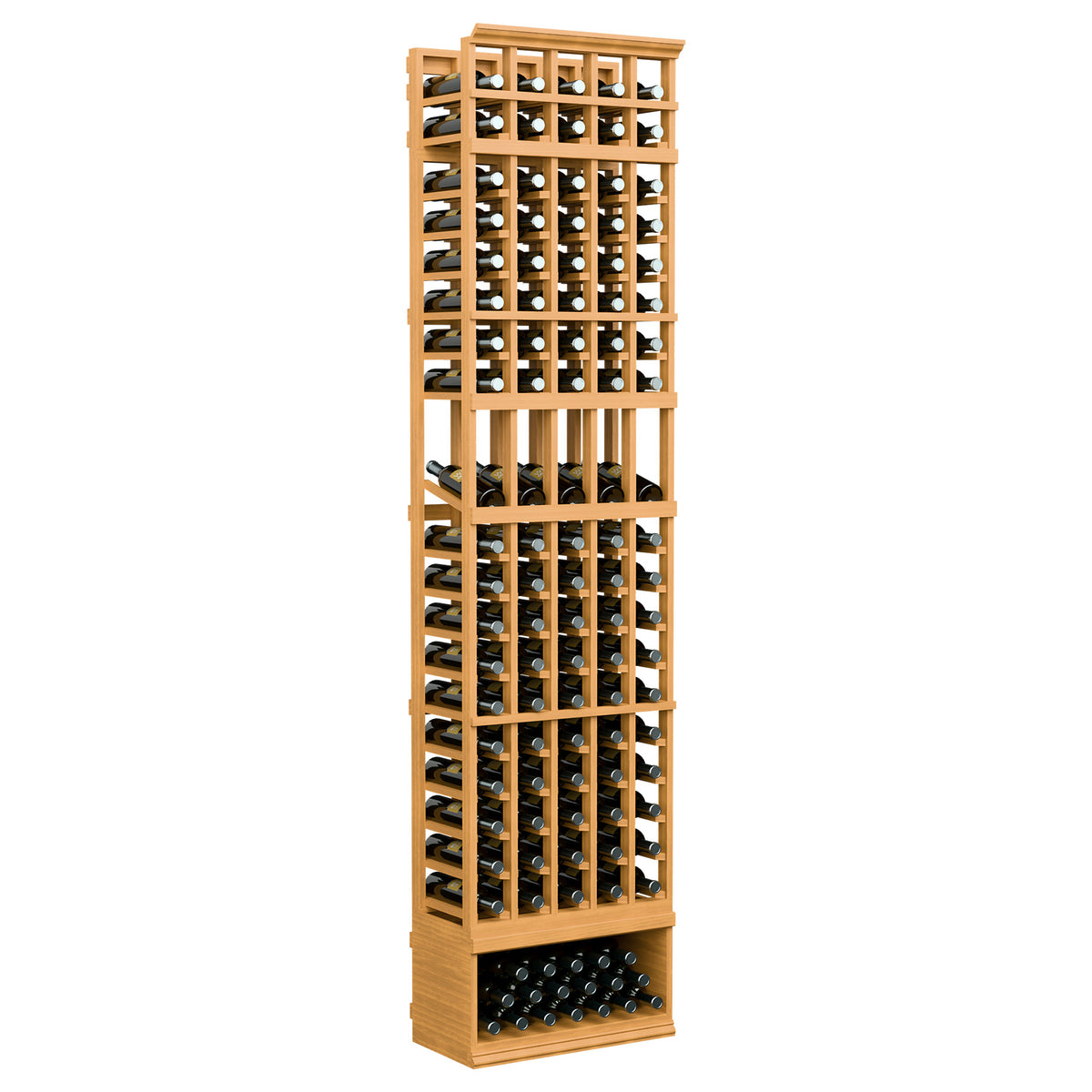 5-column wine bottle display rack, 8 ft, warm light wood frame