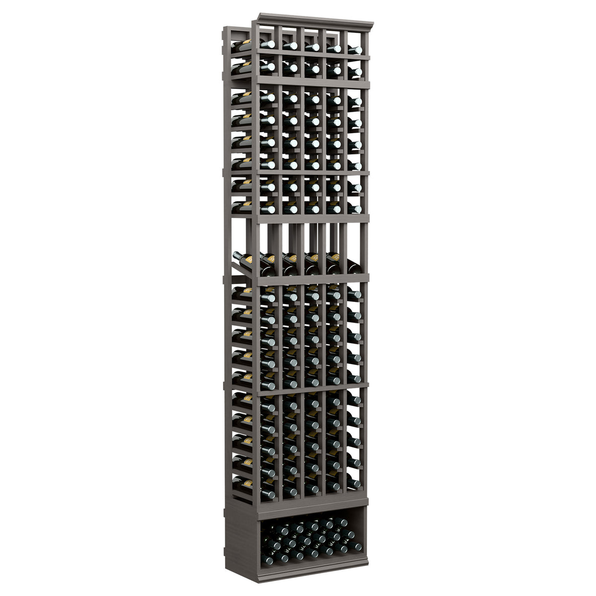 5-column wine bottle display rack with black frame and multiple bottle slots