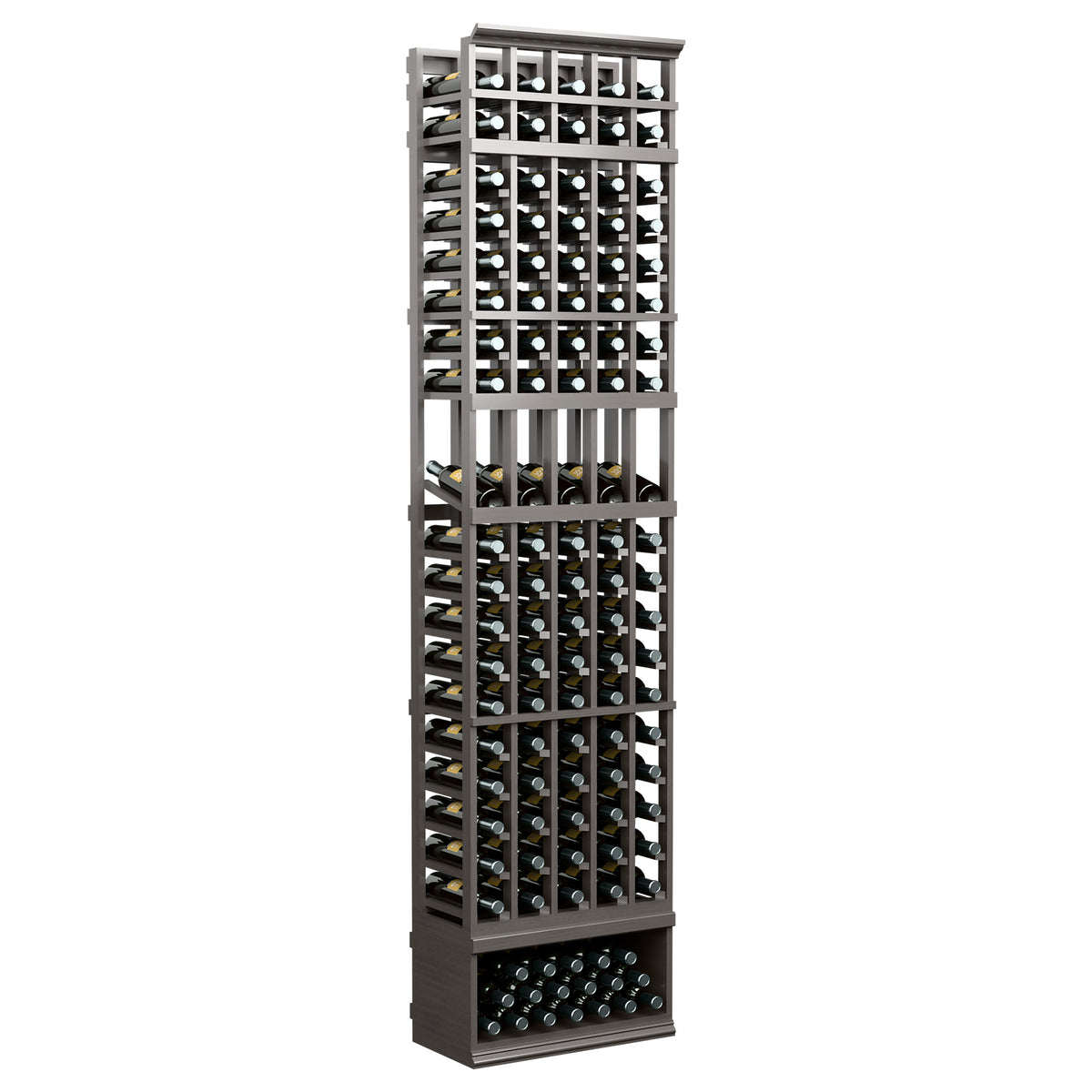 5-column wine bottle display rack in dark finish with top and bottom bottle rows
